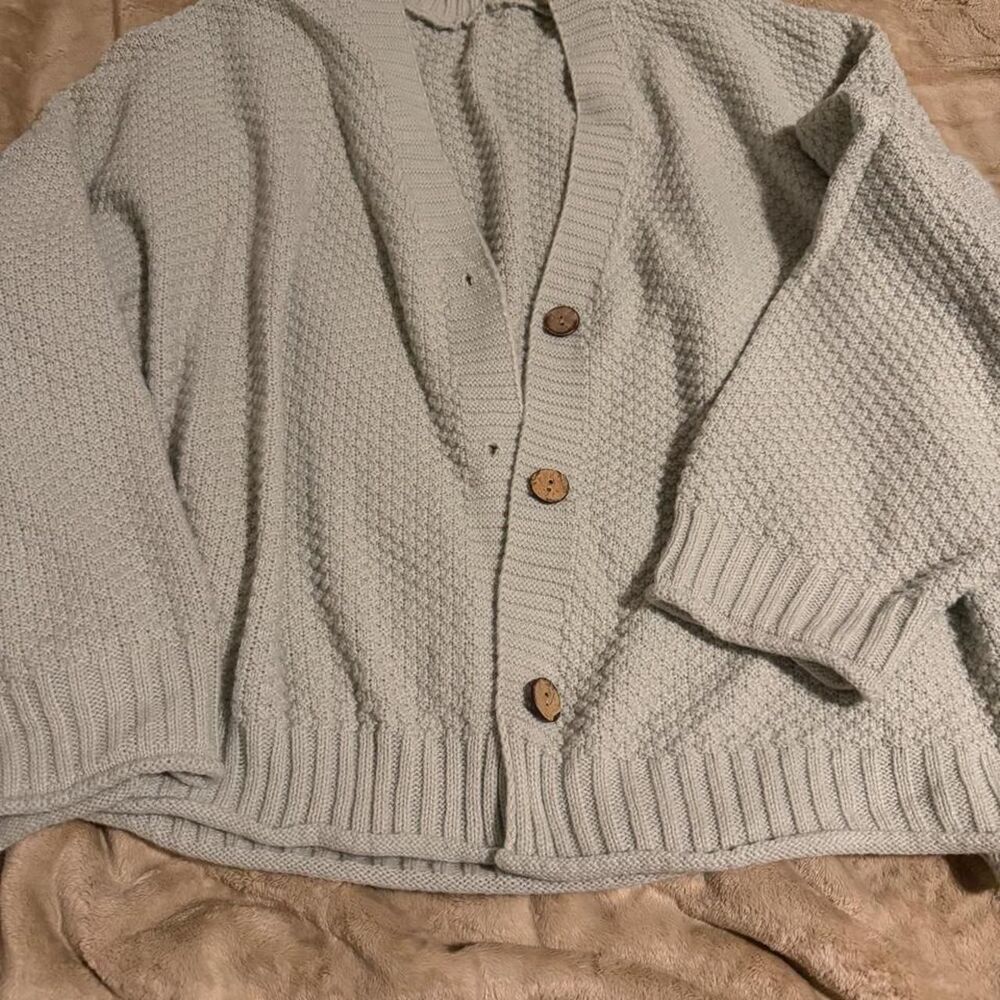Light Sage Green Oversized Cardigan with Faux Wood Buttons 4X Cottagecore Cozy